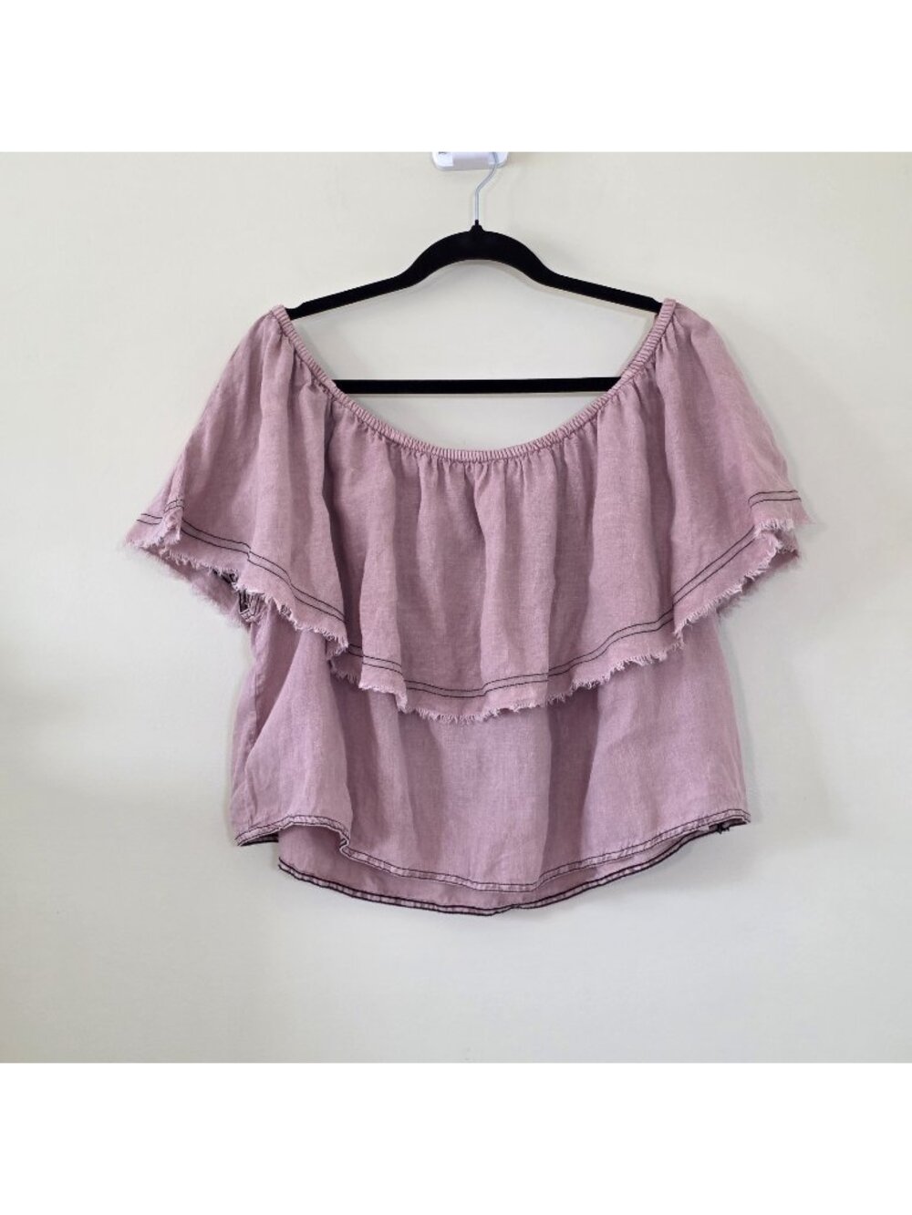 Zara Linen Top Womens XL Dusty Rose Cropped Off Shoulder Ruffle Overlay Coastal